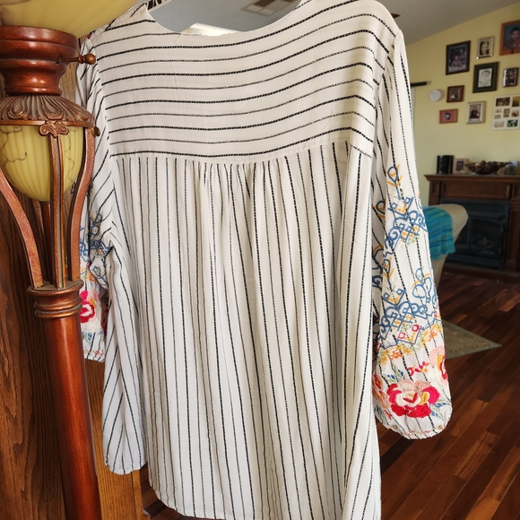 Samya Women's Embroidered Striped Blouse - White and Blue - Picture 2 of 4